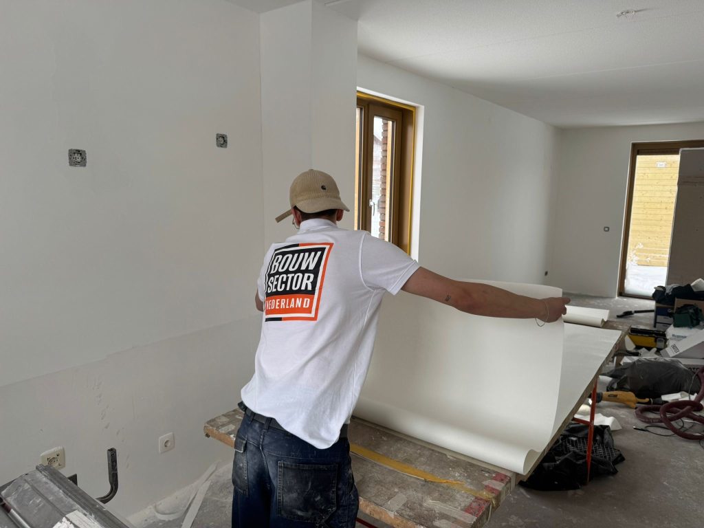 Vakman van Bouwsector Nederland brengt een baan vlies aan in een nieuwbouwwoning